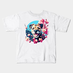 Joyful Border Terrier Amidst Spring Cherry Blossoms Kids T-Shirt